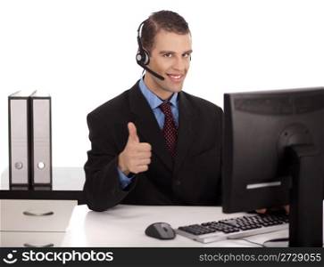 profesional showing thumbs up over phone in white background
