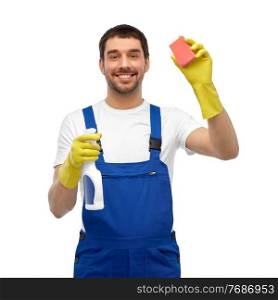 profession, cleaning service and people concept - happy smiling male worker or cleaner in overall and gloves with sponge and detergent over white background. male cleaner cleaning with sponge and detergent