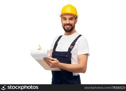 profession, construction and building - happy smiling male worker or builder in helmet with clipboard over white background. male worker or builder in helmet with clipboard