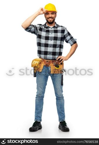 profession, construction and building - happy smiling male worker or builder in helmet over white background. happy male worker or builder in helmet