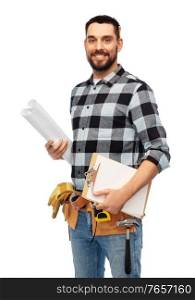 profession, construction and building - happy smiling male worker or builder with clipboard and blueprint over white background. male builder with clipboard and blueprint