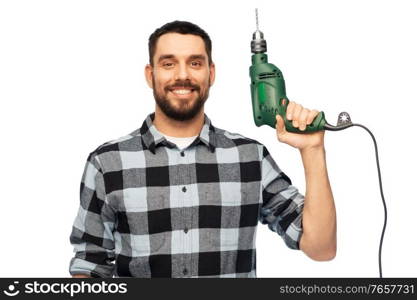 profession, construction and building - happy smiling man, worker or builder with drill over white background. happy man, worker or builder with drill