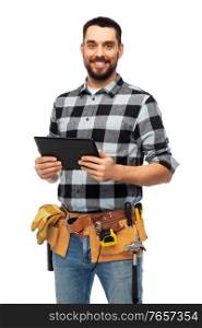 profession, construction and building - happy smiling worker or builder with tablet pc computer and tools over white background. happy builder with tablet computer and tools