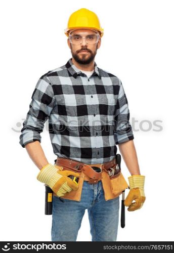 profession, construction and building - male worker or builder in helmet and goggles with tool belt over white background. happy male worker or builder in helmet and goggles