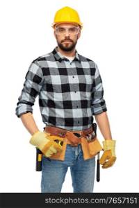 profession, construction and building - male worker or builder in helmet and goggles with tool belt over white background. happy male worker or builder in helmet and goggles