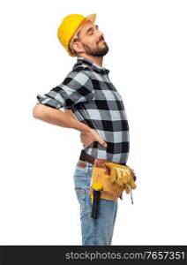 profession, construction and building - male worker or builder in helmet having back ache over white background. male worker or builder having back ache