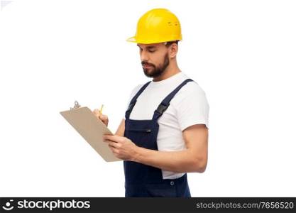 profession, construction and building - male worker or builder in helmet with clipboard over white background. male worker or builder in helmet with clipboard