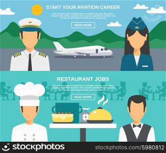 Profession horizontal banner set with pilot cook chef stewardess isolated vector illustration. Profession Banner Set