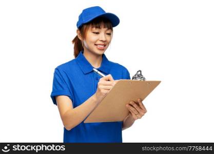 profession, job and people concept - happy smiling delivery woman in blue uniform with clipboard and pen over white background. happy delivery woman with clipboard and pen