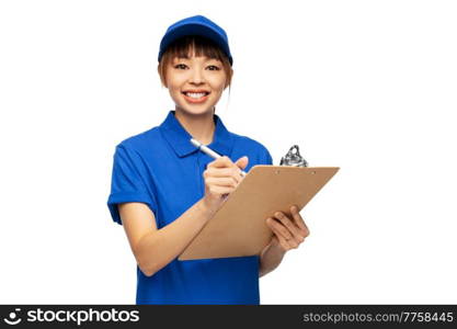 profession, job and people concept - happy smiling delivery woman in blue uniform with clipboard and pen over white background. happy delivery woman with clipboard and pen