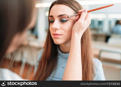 Professional beautician work with woman eyebrows in beauty studio. Cosmetic salon. Professional beautician work with woman eyebrows