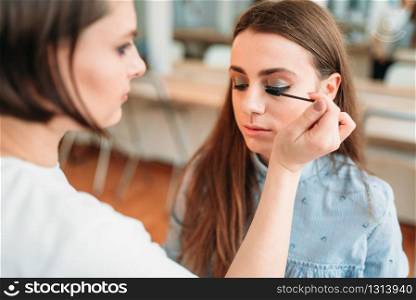 Professional beautician work with woman eyebrows in beauty studio. Cosmetic salon. Professional beautician work with woman eyebrows