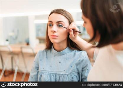 Professional beautician work with woman eyes, beauty studio on background. Cosmetic salon