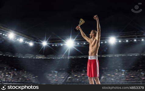 Professional box champion. Professional boxer on arena in spotlights celebrating victory mixed media