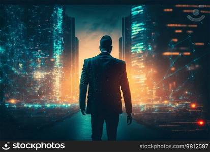 Professional business man walking on future network city. Illustration Generative AI