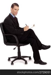 professional business men taking notes sitting in the wheel chair on a white background