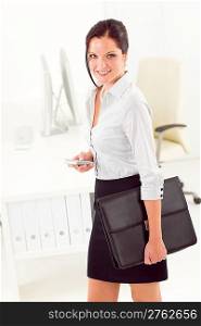 Professional businesswoman attractive hold briefcase in office