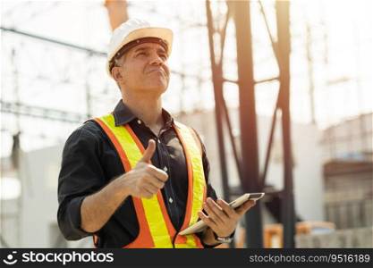 Professional Caucasian Engineer male builder working at construction site work outdoor with safety thumbs up.