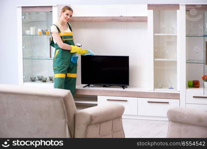 Professional cleaner cleaning apartment furniture