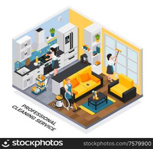 Professional cleaning service isometric composition with indoor view of private apartment being cleaned by workers group vector illustration