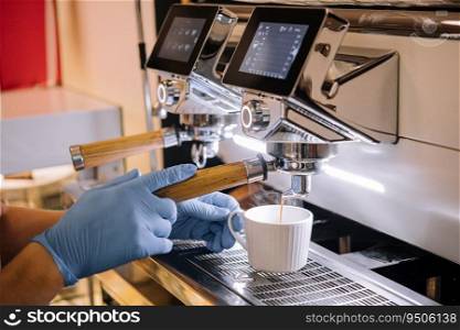 Professional coffee machine with white cup and pouring drink