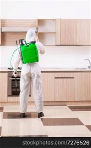 Professional contractor doing pest control at kitchen