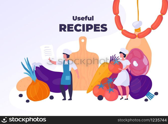 Professional cooking. Healthy food and restaurant culinary concept, trendy cartoon characters preparing dinner. Vector illustration delicious cuisine and work kitchenware. Professional cooking. Healthy food and restaurant culinary concept, trendy cartoon characters preparing dinner. Vector illustration