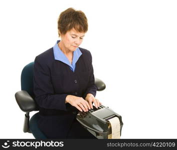 Professional court reporter working on her stenography machine. Isolated on white.