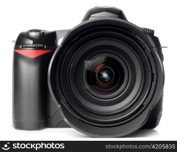professional digital photo camera with huge standard lens isolated on white