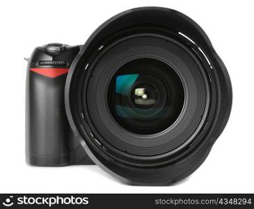 professional digital photo camera with huge wide angle lens isolated on white