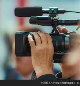 Professional digital video cameras recording media event. Live streaming concept. Media Event