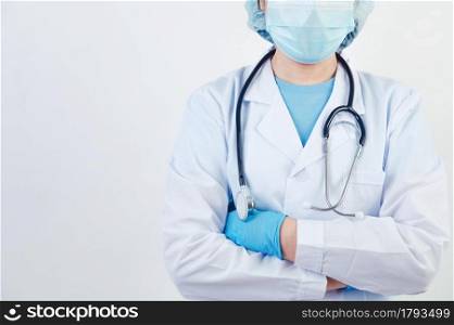 Professional doctor doing arms crossed gesture for build confidence in patients on white background. Medical personnel and Health people concept. Copy space