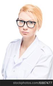 Professional doctor with glasses, portrait on white background isolated