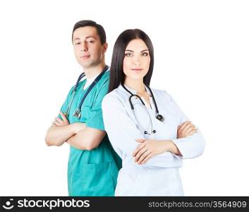 professional doctors in uniforms on white background