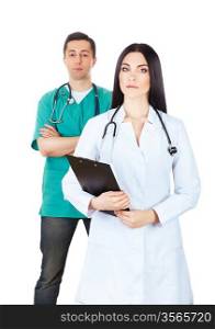 professional doctors in uniforms with stethoscopes on white background