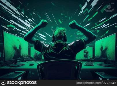 Professional eSports gamer rejoices in the victory illustration. AI generative.