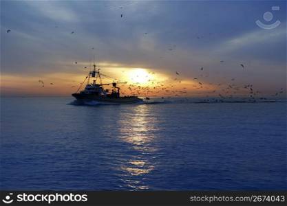 professional fishing boat and seagull turn back port on sunset sunrise