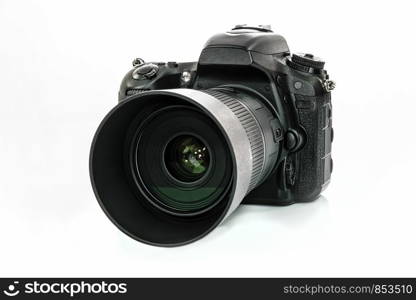 Professional generic DSLR camera isolated on white background in close-up (HDR effect)