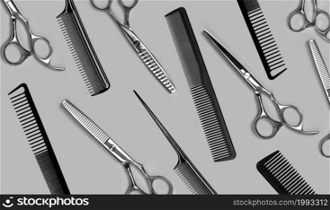 Professional Haircutting Scissors. and hairbrush Studio isolation on grey