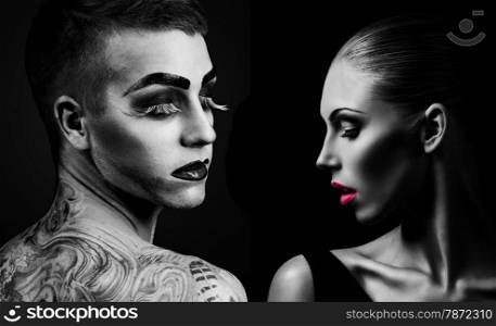 Professional Make up concept. Portrait of young beautiful man and woman with beauty makeup. Isolated on black background