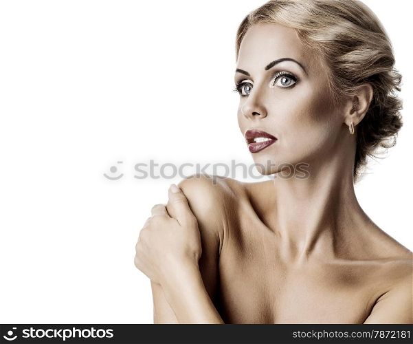 Professional Make up concept. Portrait of young beautiful woman with beauty makeup and perfect skin. Isolated on white background