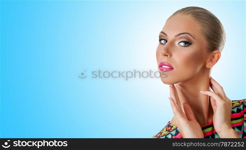 Professional Make up concept. Portrait of young beautiful woman with beauty makeup and perfect skin. on color background