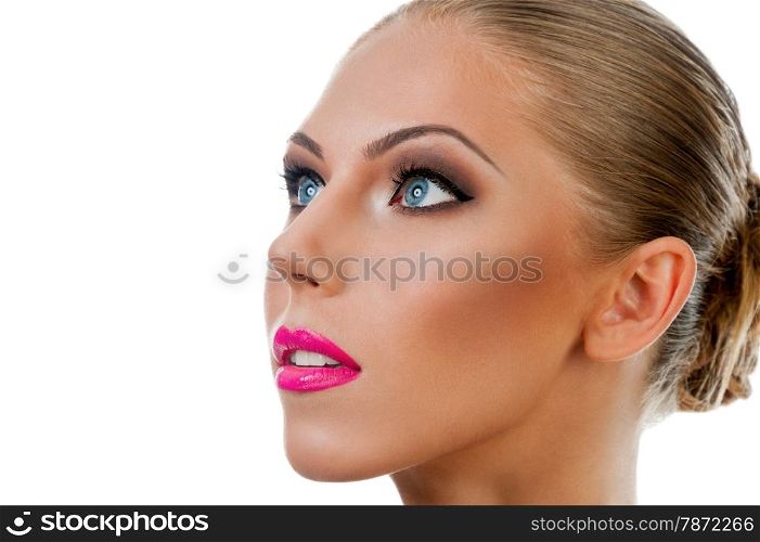 Professional Make up concept. Portrait of young beautiful woman with beauty makeup and perfect skin. Isolated on white background