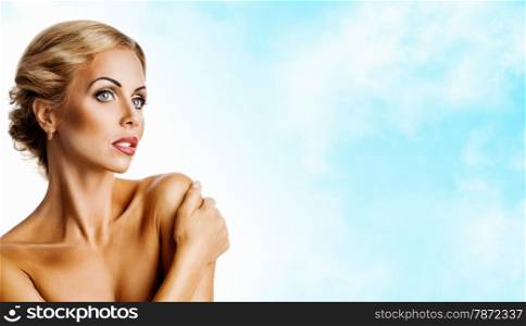 Professional Make up concept. Portrait of young beautiful woman with beauty makeup and perfect skin. on color background