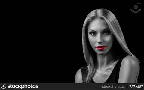 Professional Make up concept. Portrait of young beautiful woman with beauty makeup and perfect skin. Isolated on black background