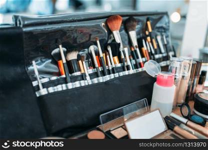 Professional makeup artist cosmetics tools, closeup. Collection of cosmetology accessories