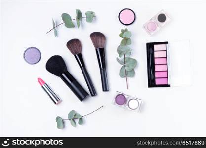 Professional makeup tools. Professional makeup tools with beauty products, flatlay on white background