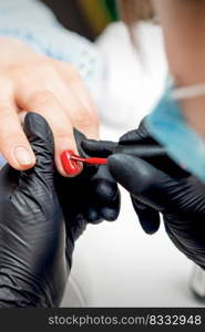 Professional manicure master painting female nails by red nail polish in nail salon. Manicure master painting female nails