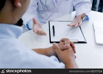 Professional medical doctor in white uniform gown coat interview consulting patient