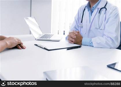 Professional medical doctor in white uniform gown coat interview patient are discussing in hospital